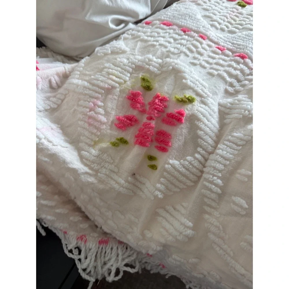 Vintage Pink Floral Chenille Bedspread